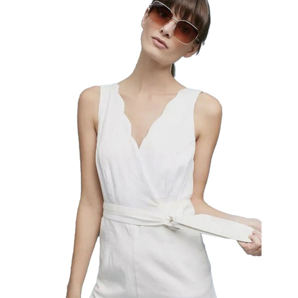 NWOT CHINO by ANTHRO white wide leg palazzo jumpsuit w/ scalloped v neck wrap 6 - Picture 3 of 10